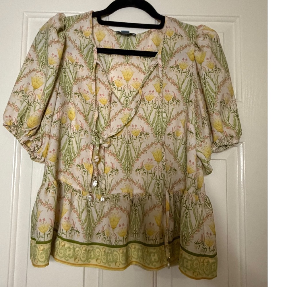 CeCe Floral Puff Sleeve Peplum Blouse Pearl Tie Front Yellow Green Medium